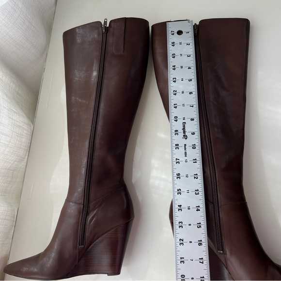 Nine West Sz 7 Varin Wide Calf Brown Leather Wood Wedge Knee High Boots - Picture 4 of 15
